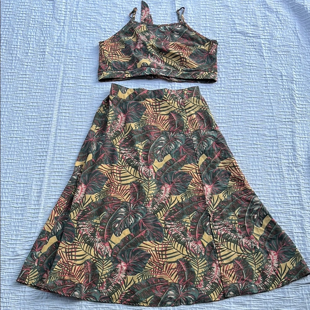 Tropical Print A-Line Skirt in Green and Brown
